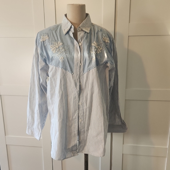 VINTAGE JANE ASHLEY Chambray WESTERN TOP w/ PEARLS  EMBROIDERY SZ 1X Blue Stripe - Picture 2 of 7